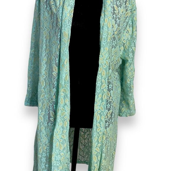 Eve & Maddie Cardigan Sweater Women's Large Turquoise Blue Gold Lace Boho Casual - Picture 3 of 15